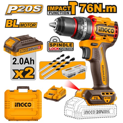 INGCO Дрель аккумуляторная ударная SUPER INDUSTRIAL Li-Ion 20W 2Ач 2шт/76 Нм/ 22+1+1