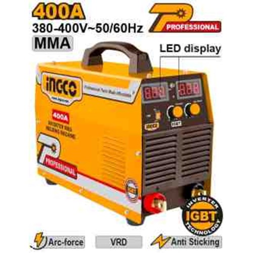 INGCO Аппарат сварочный инверторный INDUSTRIAL MMA 400А IGBT 380В/ Ø электрода 2,5-5,0мм/ ЖК дисплей
