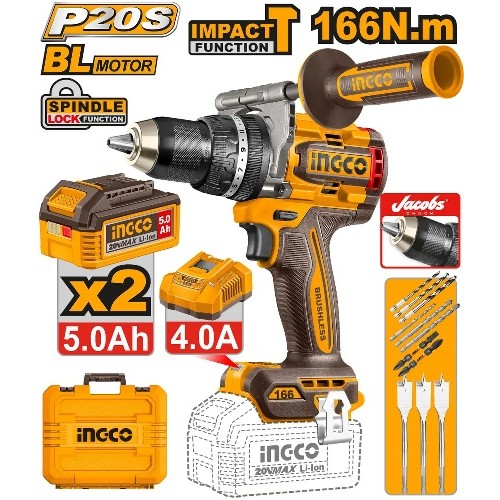 INGCO Дрель аккумуляторная ударная SUPER INDUSTRIAL Li-Ion 20W 5Ач 2шт/166 Нм/ 23+1+1