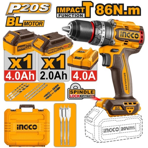 INGCO Дрель аккумуляторная ударная SUPER INDUSTRIAL Li-Ion 20W 2Ач 4Ач/86 Нм/ 22+1+1