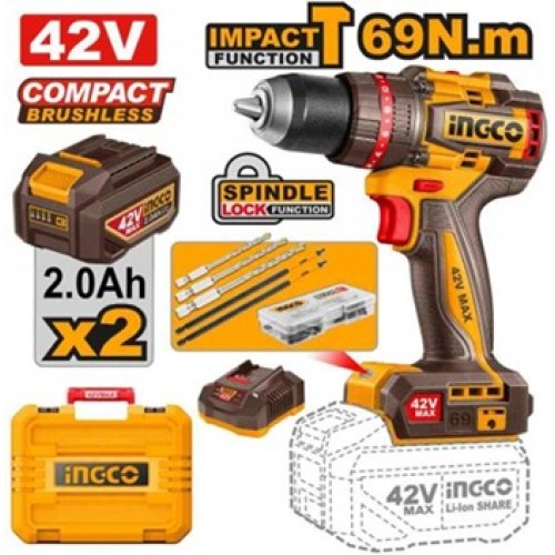 INGCO Дрель аккумуляторная ударная SUPER INDUSTRIAL Li-Ion 42Vmax 2Ач 2шт/69 Нм/ 22+1+1