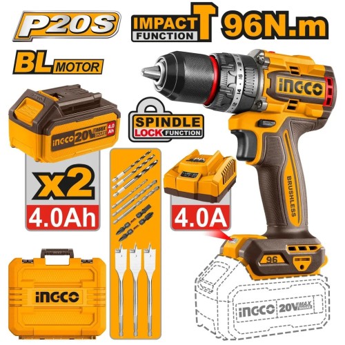 INGCO Дрель аккумуляторная ударная SUPER INDUSTRIAL Li-Ion 20W 4Ач 2шт/96 Нм/ 22+1+1