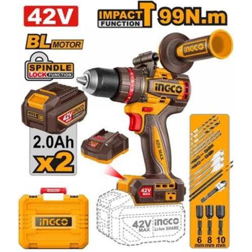 INGCO Дрель аккумуляторная ударная SUPER INDUSTRIAL Li-Ion 42Vmax 2Ач 2шт/99 Нм/ 22+1+1